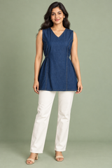 Denim Sleeveless V Neck Solid One Piece with Side Elastic - Havva Fashion - Image 1