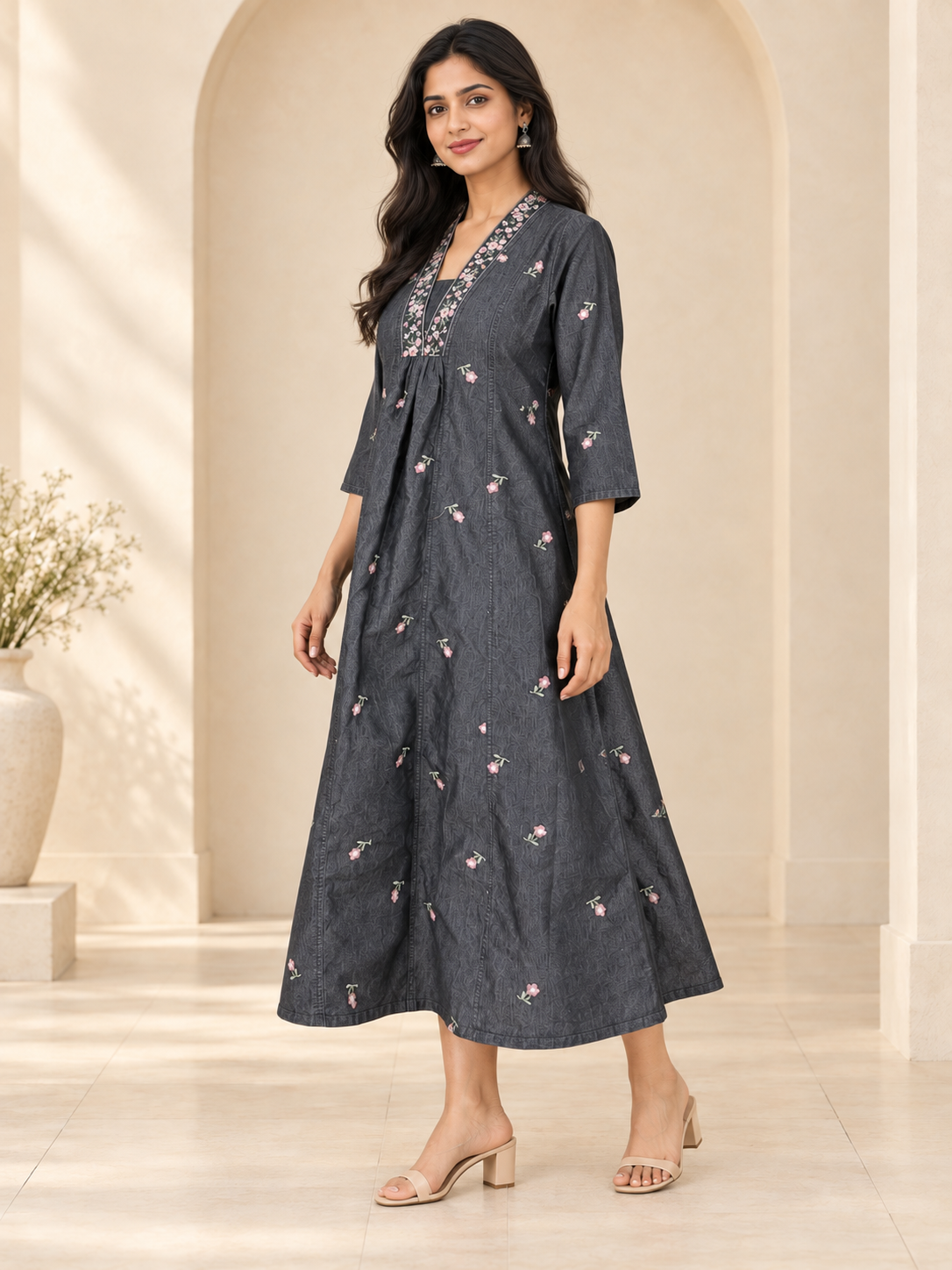 Black Denim Hi Neck Embroidered Pintuck All Over Butta Kali A Line Flare Dress - Havva Fashion - Image 3