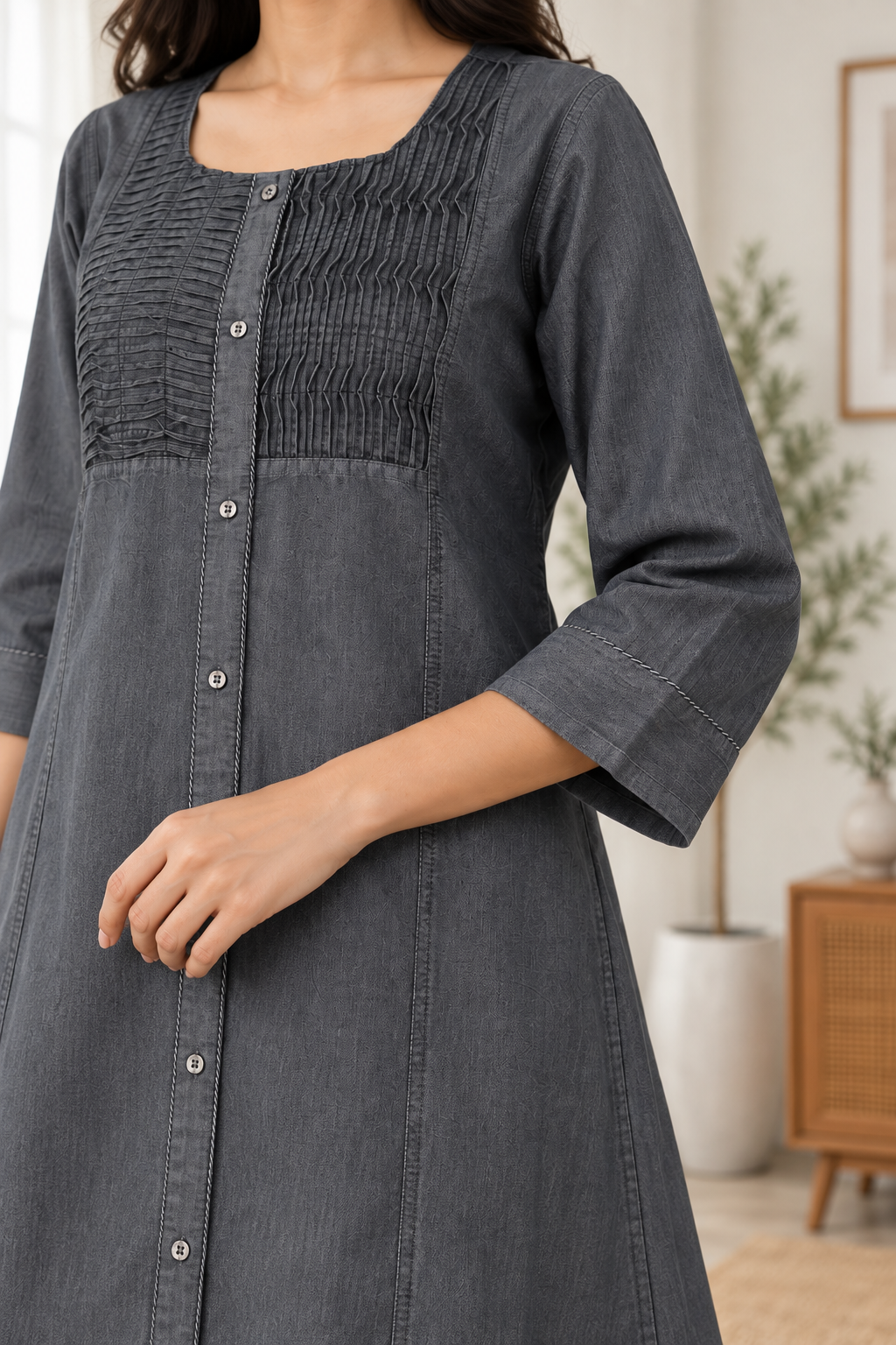 Grey Denim Pintuck Tabla Solid A Line Dress - Havva Fashion - Image 5
