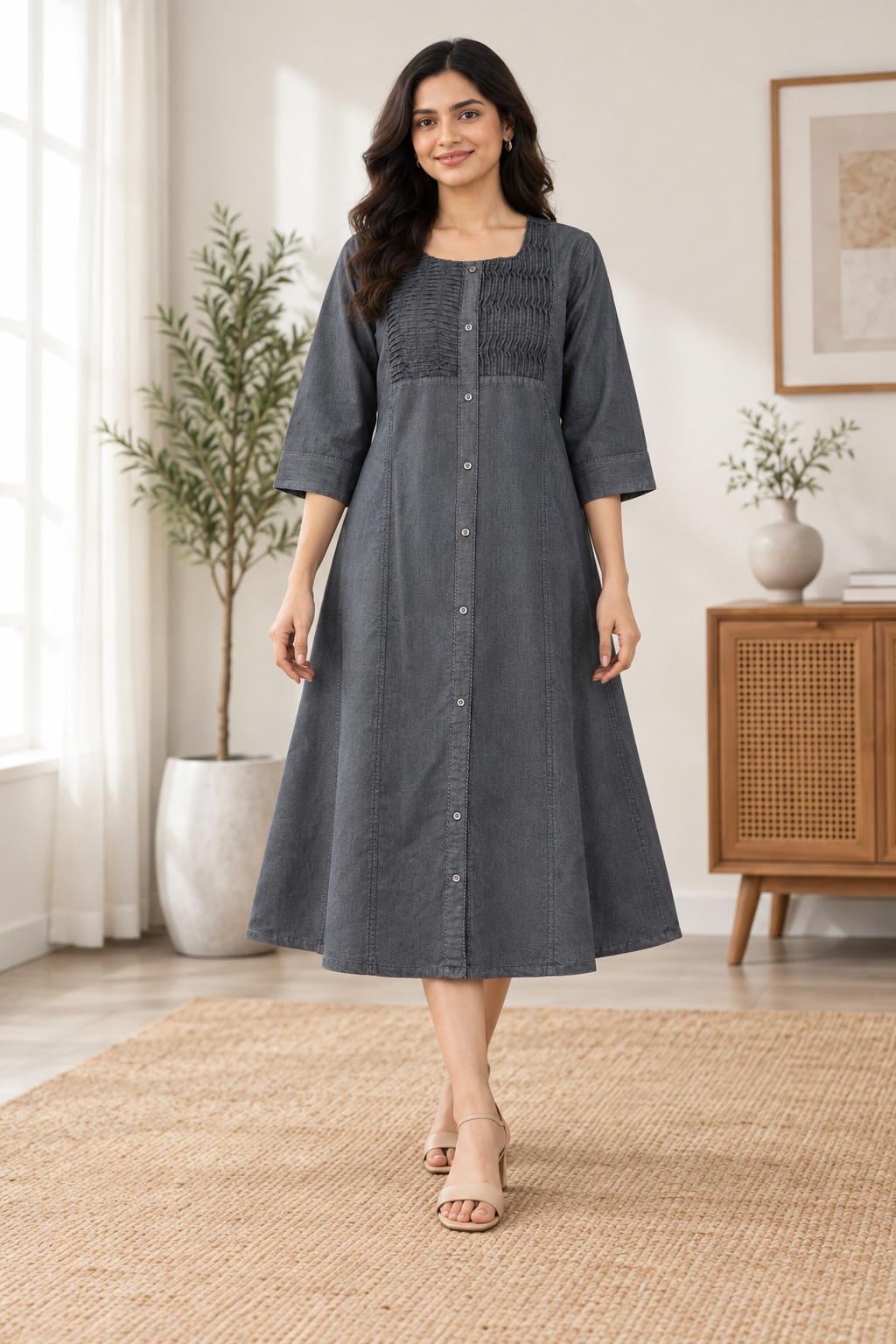 Grey Denim Pintuck Tabla Solid A Line Dress - Havva Fashion - Image 1