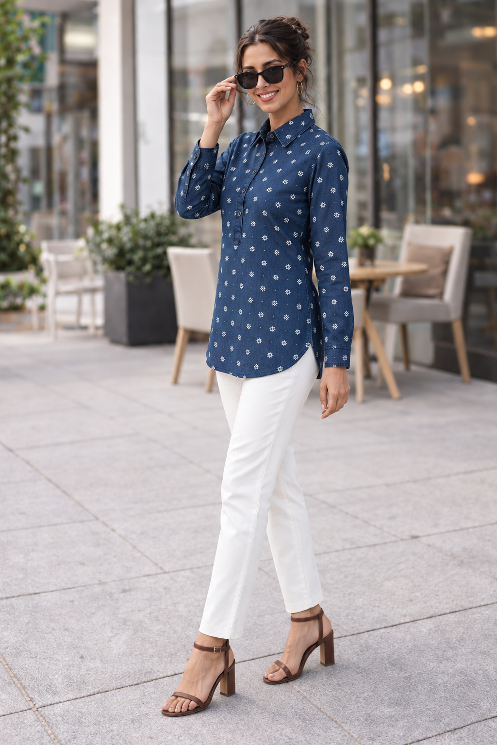 Denim Shirt Collar All Over Star Printed Tunic Top - Havva Fashion - Image 3