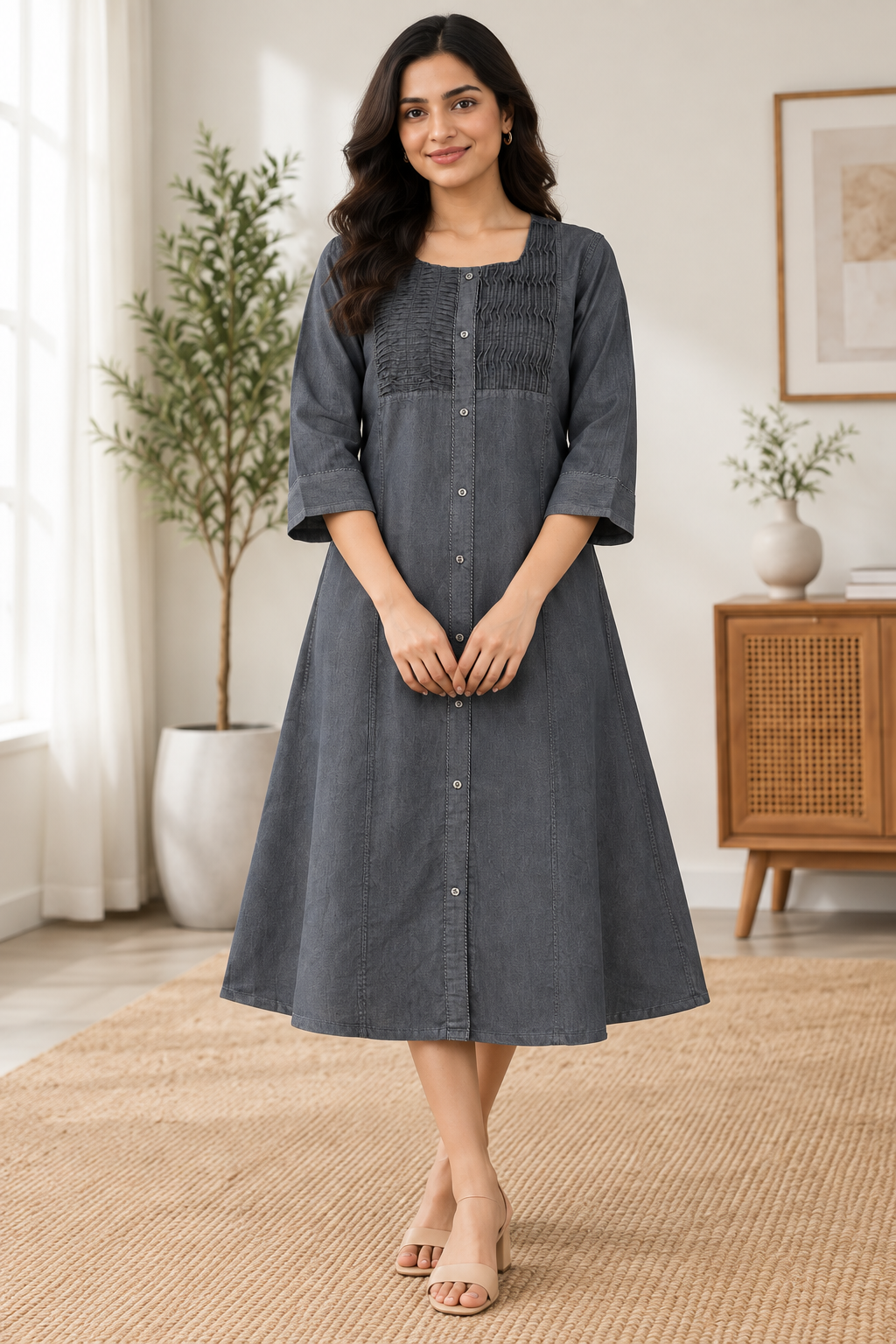 Grey Denim Pintuck Tabla Solid A Line Dress - Havva Fashion - Image 7