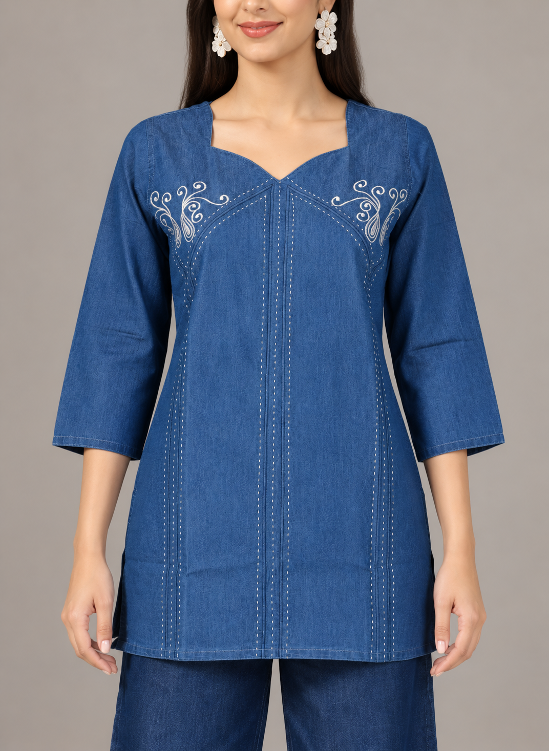 Denim Butta Embroidered Square V Neck Short Kurti - Havva Fashion - Image 6