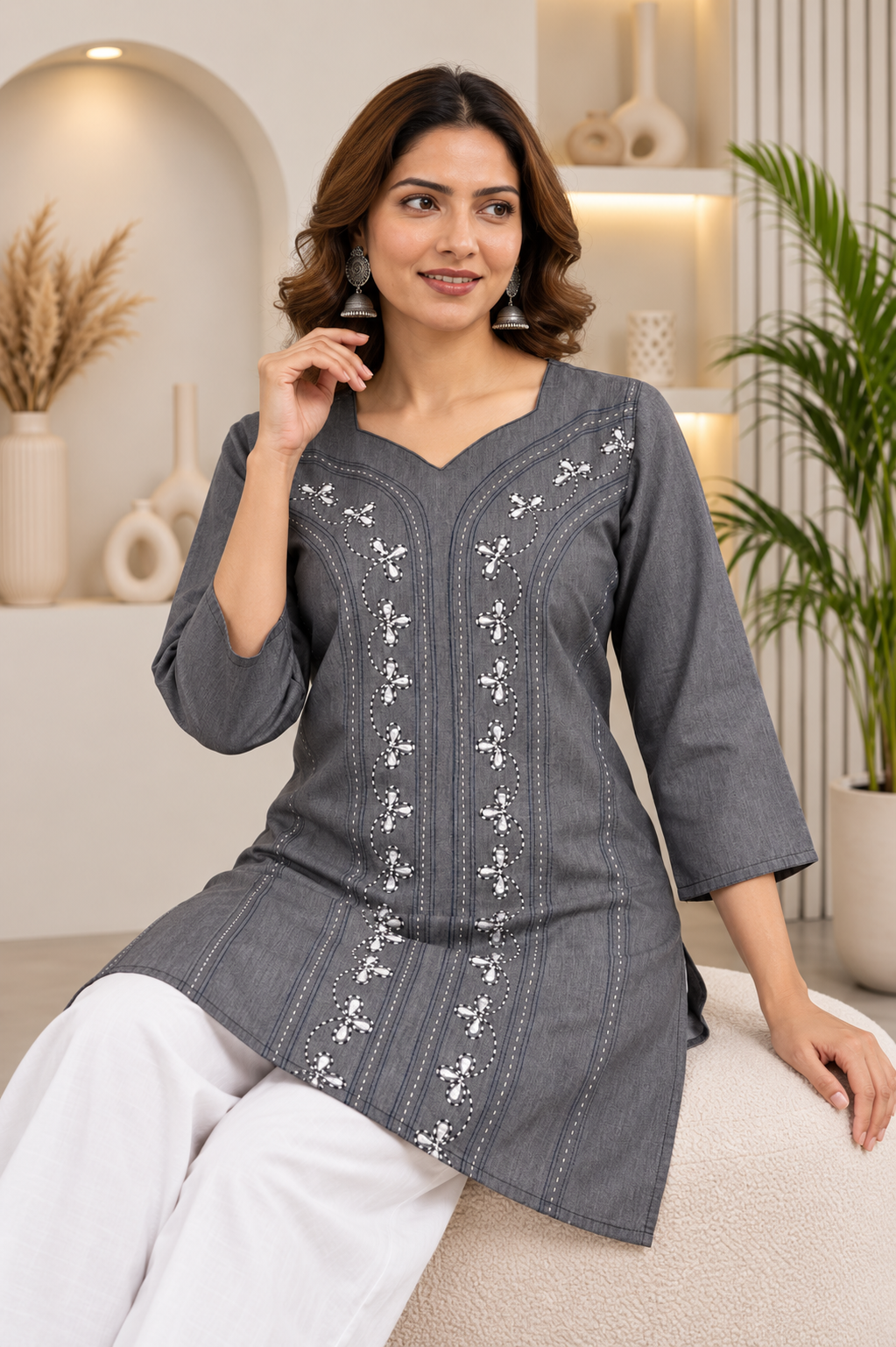 Grey Denim Kantha Dori Embroidered Square V Neck Knee Length Kurti - Havva Fashion - Image 3