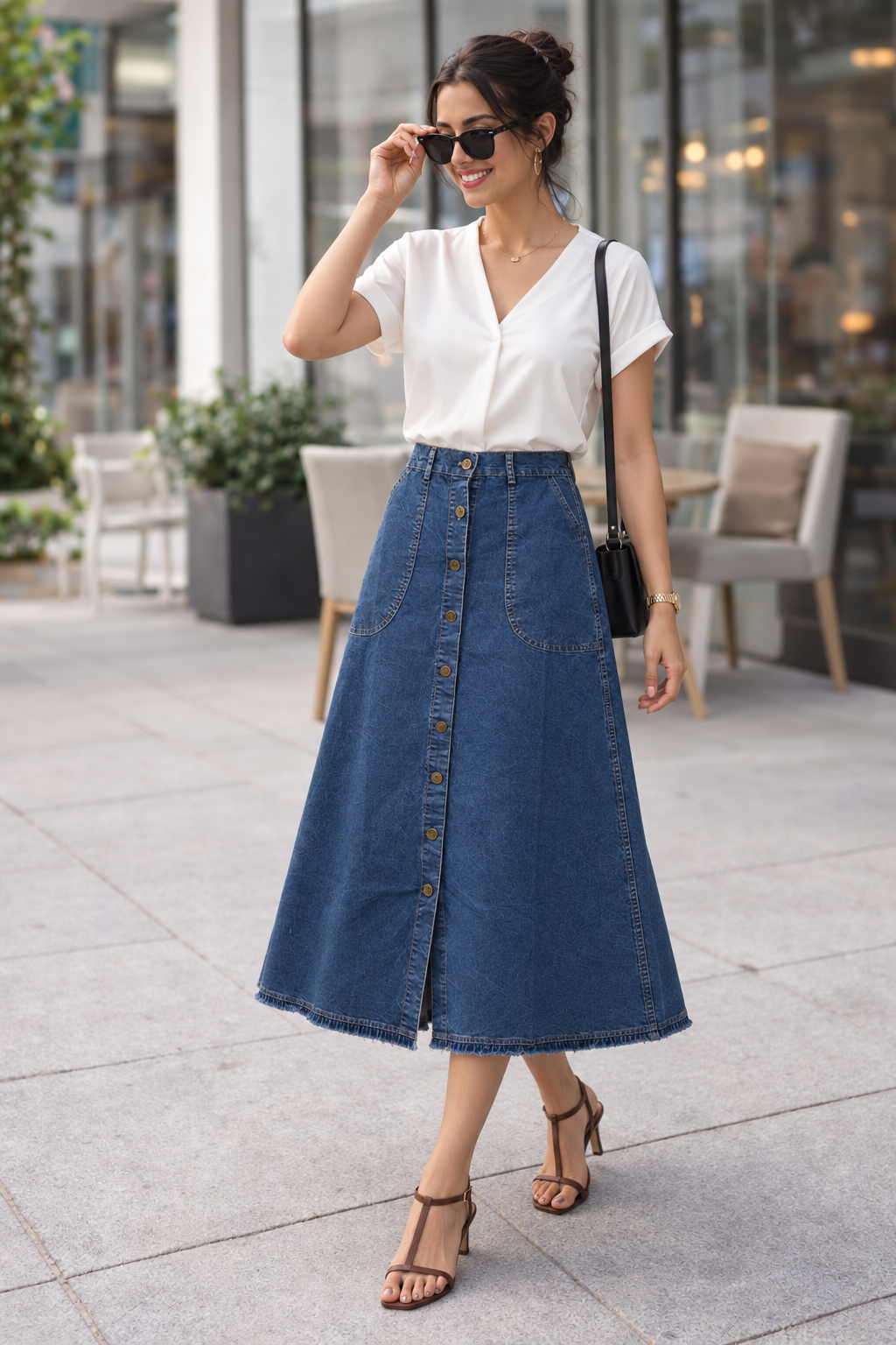 Denim Solid Zeera Wash Button Front Below Knee Skirt - Havva Fashion - Image 5