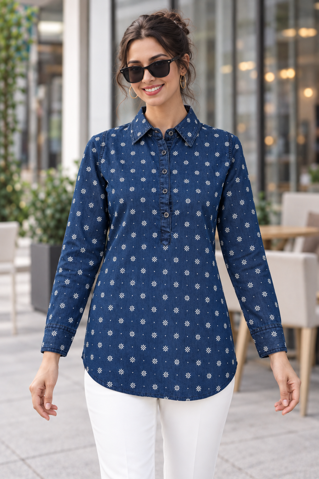 Denim Shirt Collar All Over Star Printed Tunic Top - Havva Fashion - Image 4