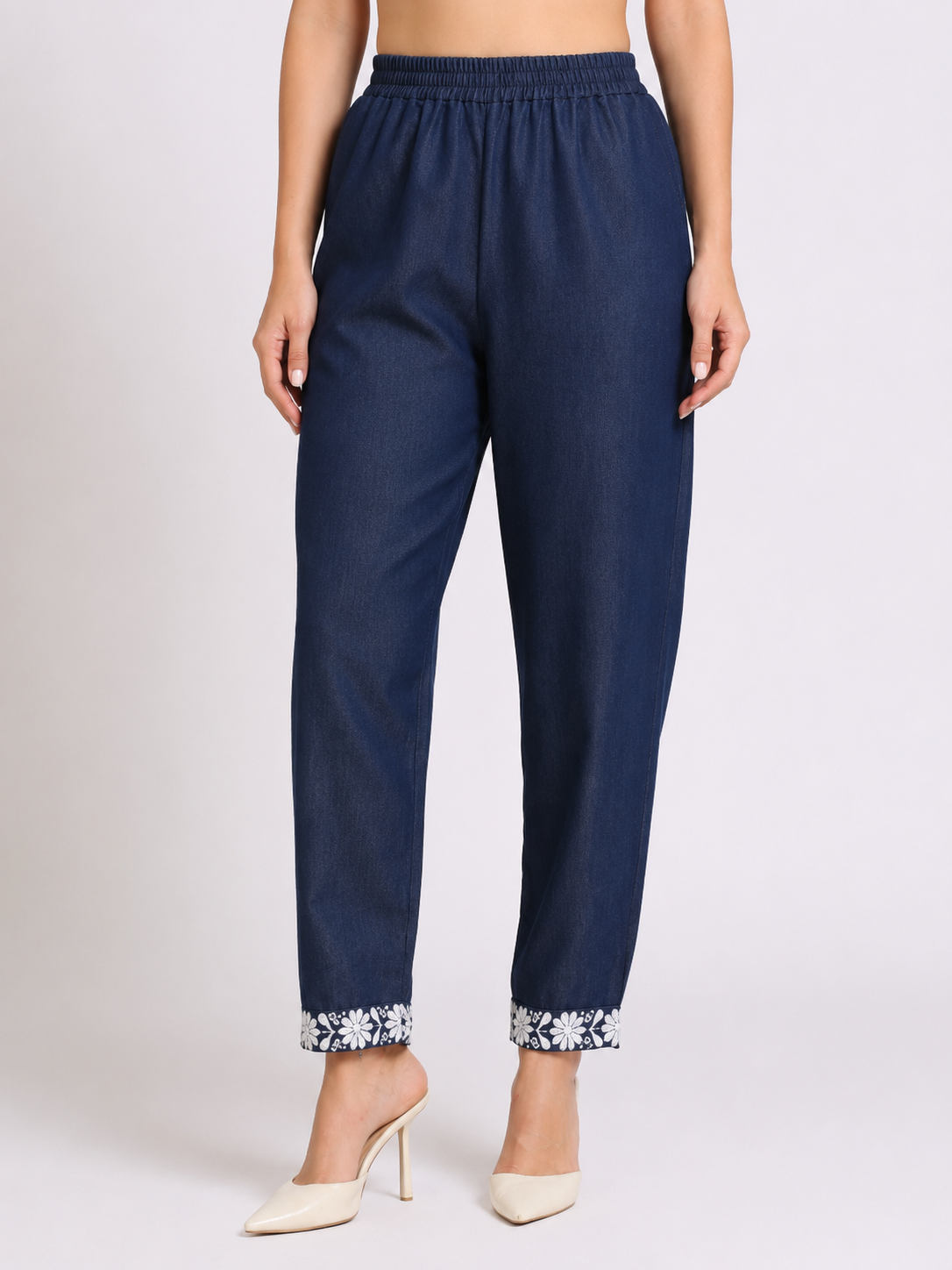 Denim Nayra Pant with Lace Embroidered Hem - Havva Fashion - Image 1