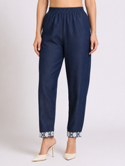 Denim Nayra Pant with Lace Embroidered Hem - Havva Fashion - Image 1