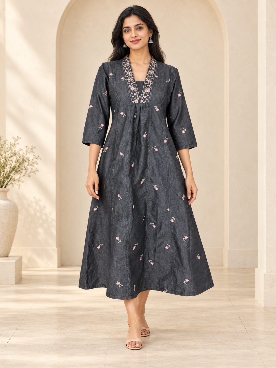 Black Denim Hi Neck Embroidered Pintuck All Over Butta Kali A Line Flare Dress - Havva Fashion - Image 5