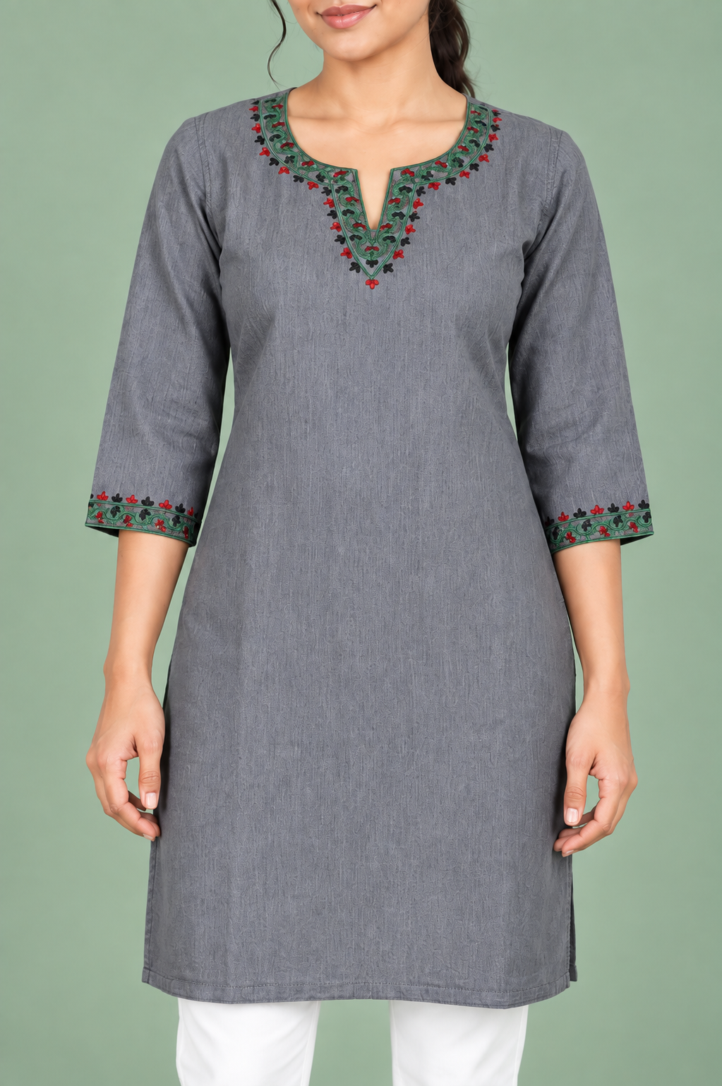 Grey Denim Multi Green Embroidered Split Round Neck Knee Length Kurti - Havva Fashion - Image 4