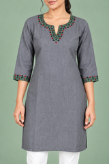 Grey Denim Multi Green Embroidered Split Round Neck Knee Length Kurti - Havva Fashion - Image 4
