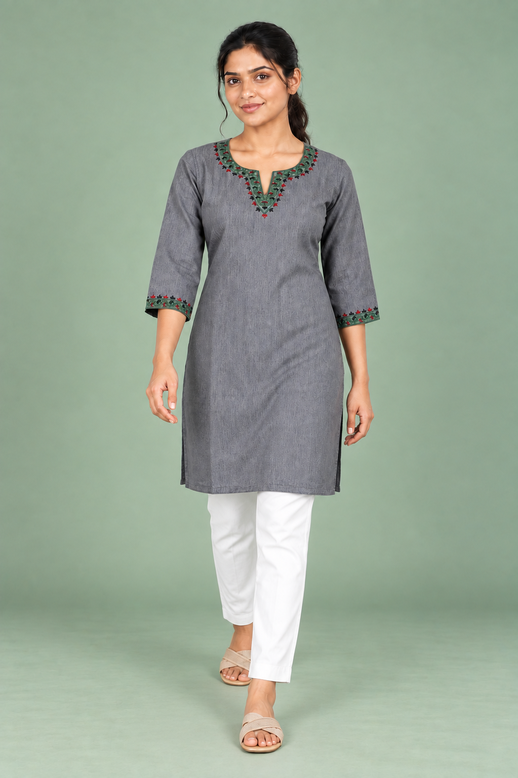 Grey Denim Multi Green Embroidered Split Round Neck Knee Length Kurti - Havva Fashion - Image 1