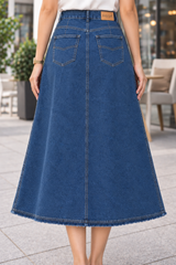 Denim Solid Zeera Wash Button Front Below Knee Skirt - Havva Fashion - Image 4
