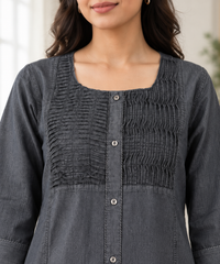 Grey Denim Pintuck Tabla Solid A Line Dress - Havva Fashion - Image 4
