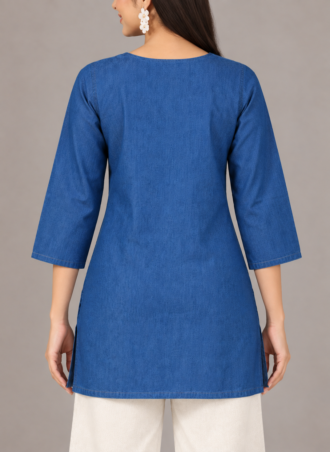 Denim Butta Embroidered Square V Neck Short Kurti - Havva Fashion - Image 4