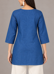 Denim Butta Embroidered Square V Neck Short Kurti - Havva Fashion - Image 4