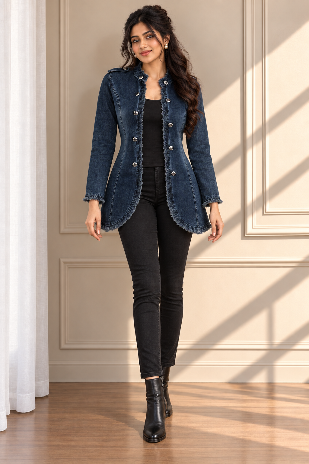 Denim Lycra Frayed Edge Blazer Style Shrug Jacket - Havva Fashion - Image 1