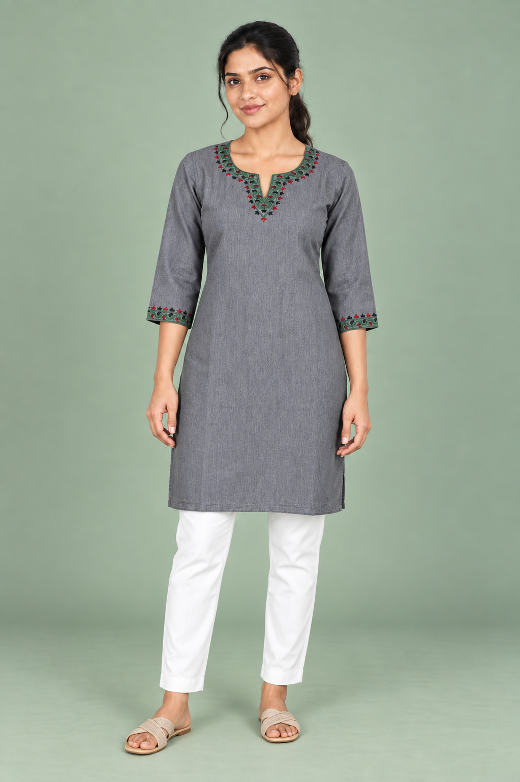 Grey Denim Multi Green Embroidered Split Round Neck Knee Length Kurti - Havva Fashion - Image 6