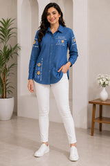 Denim On The Flower Yellow Blue Printed Shirt - Havva Fashion - Image 3