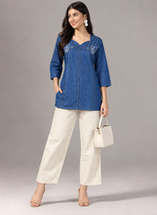 Denim Butta Embroidered Square V Neck Short Kurti - Havva Fashion - Image 1