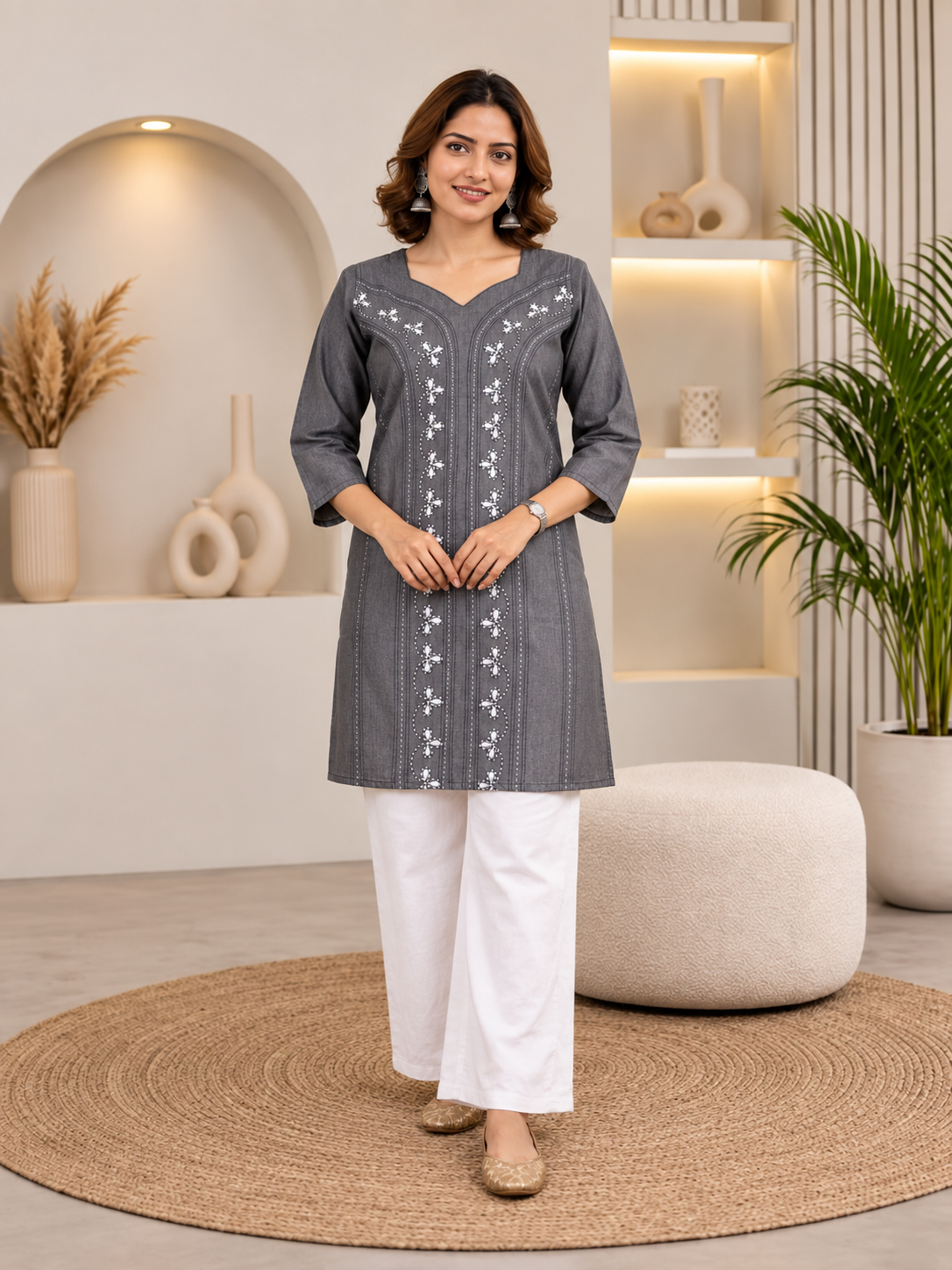 Grey Denim Kantha Dori Embroidered Square V Neck Knee Length Kurti - Havva Fashion - Image 1