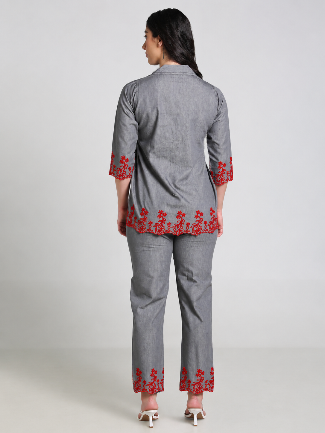 Grey Denim Red Cutwork Embroidered Co-ord Set - Havva Fashion - Image 2