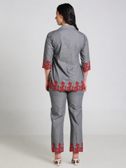 Grey Denim Red Cutwork Embroidered Co-ord Set - Havva Fashion - Image 2