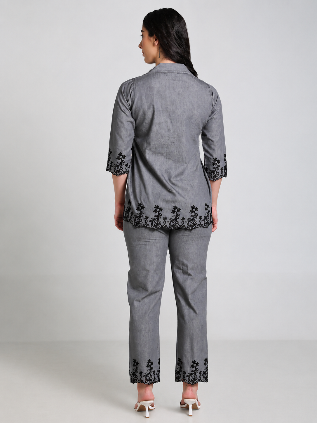 Grey Denim Black Cutwork Embroidered Co-ord Set - Havva Fashion - Image 2