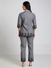 Grey Denim Black Cutwork Embroidered Co-ord Set - Havva Fashion - Image 2