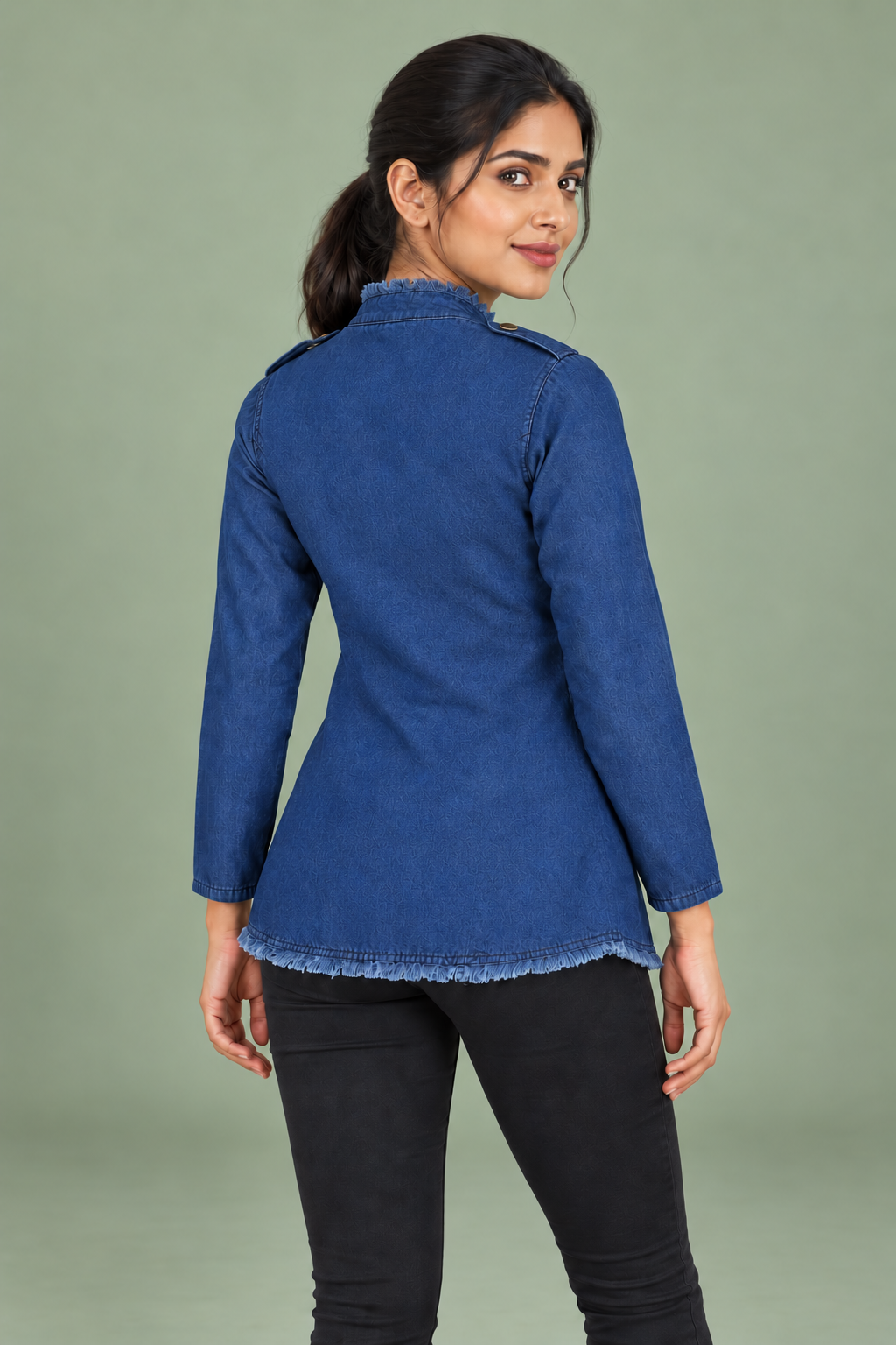 Denim Soft Cotton Frayed Edge Shrug Jacket - Havva Fashion - Image 2