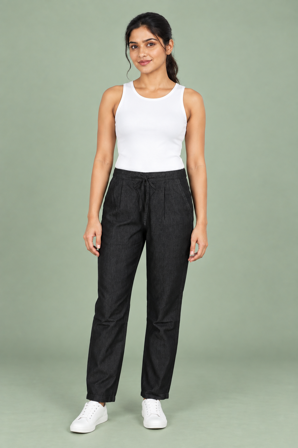 Black Denim Solid Drawstring Pant - Havva Fashion - Image 6