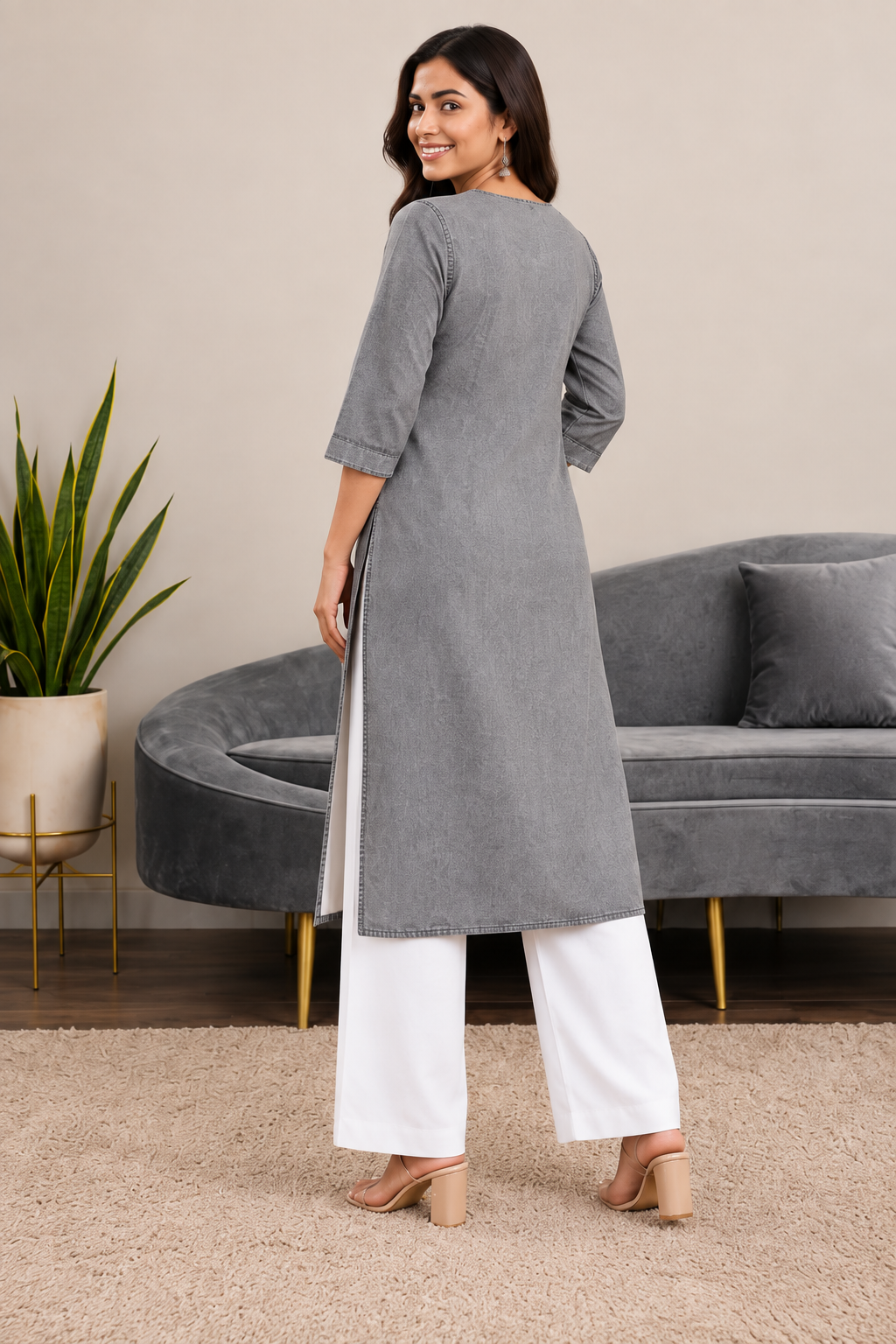 Grey Denim Ball Blast Wash Floral Printed Kurta - Havva Fashion - Image 2