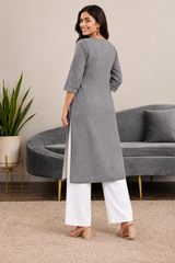 Grey Denim Ball Blast Wash Floral Printed Kurta - Havva Fashion - Image 2
