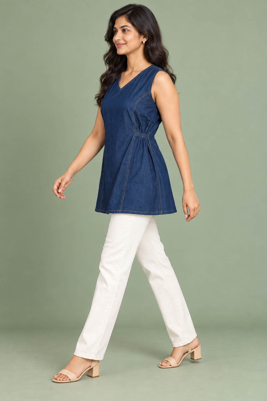 Denim Sleeveless V Neck Solid One Piece with Side Elastic - Havva Fashion - Image 3