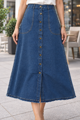 Denim Solid Zeera Wash Button Front Below Knee Skirt - Havva Fashion - Image 3