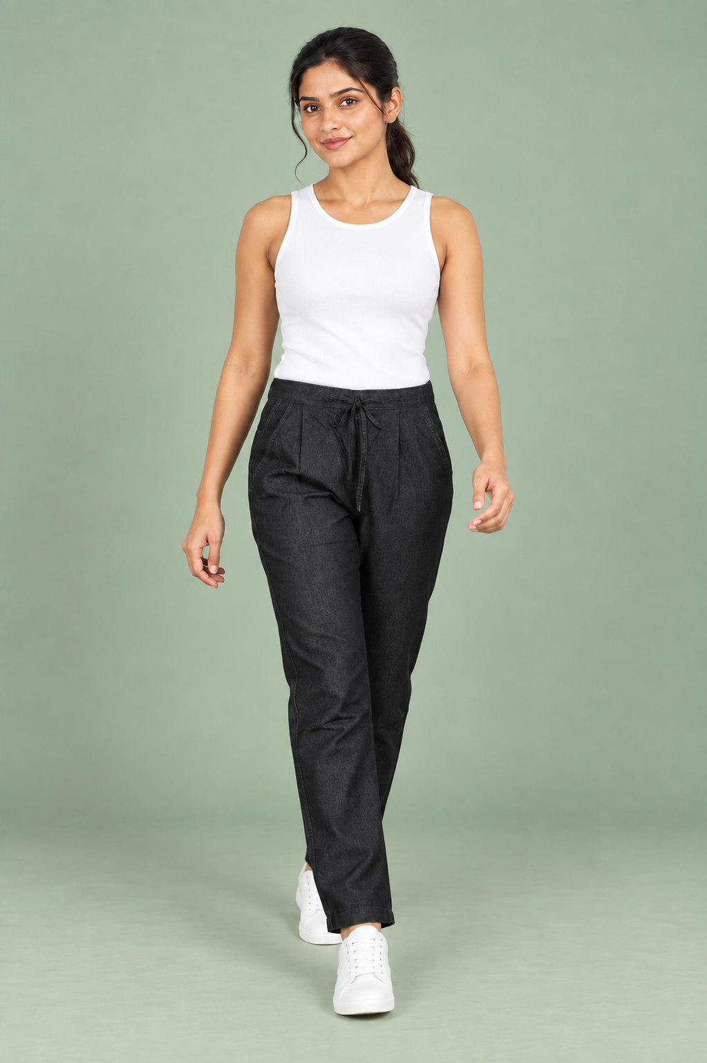 Black Denim Solid Drawstring Pant - Havva Fashion - Image 1