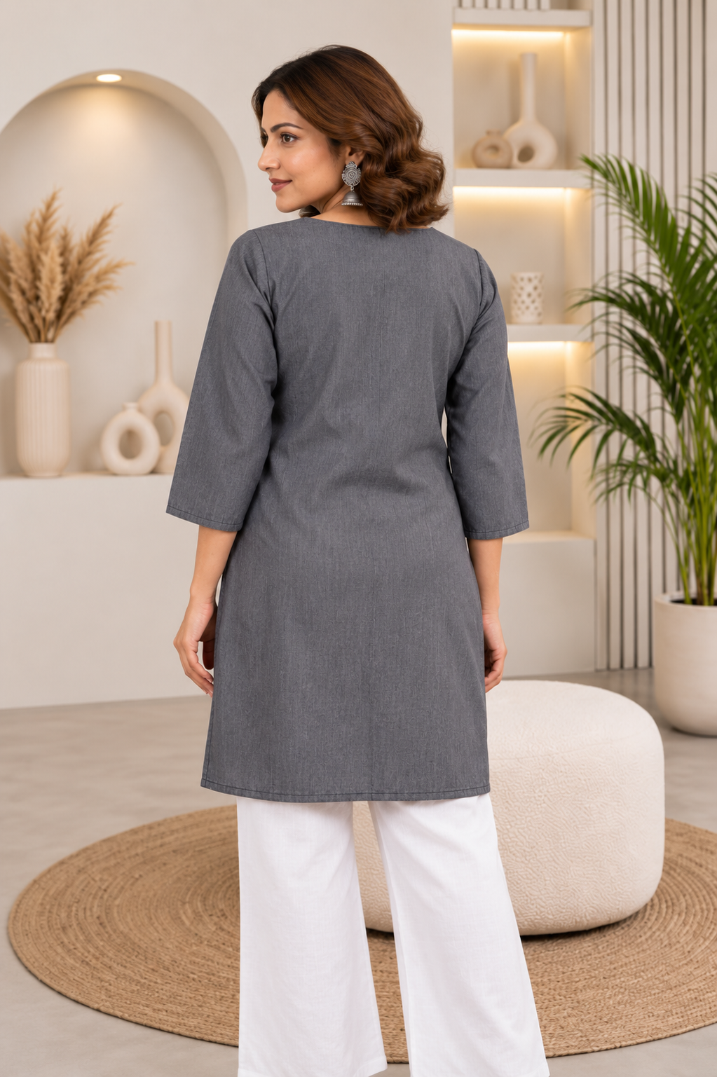Grey Denim Kantha Dori Embroidered Square V Neck Knee Length Kurti - Havva Fashion - Image 4