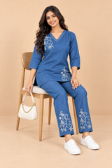 Denim Butta Printed V Neck Co-ord Set - Havva Fashion - Image 3