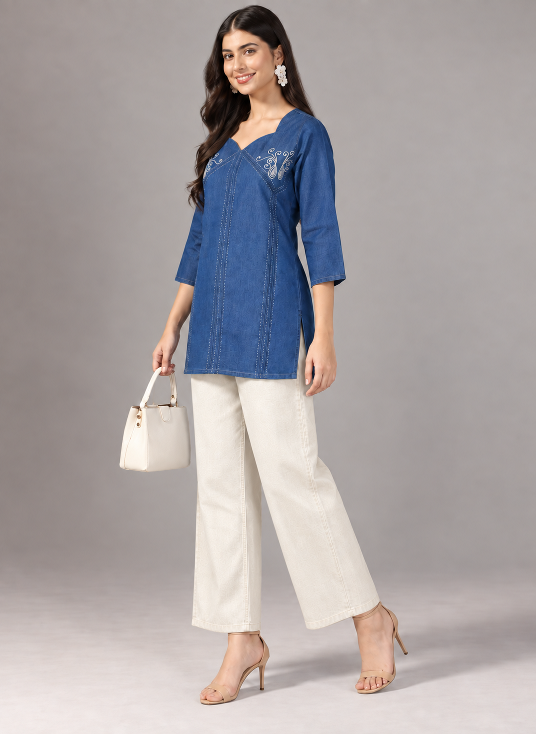 Denim Butta Embroidered Square V Neck Short Kurti - Havva Fashion - Image 7