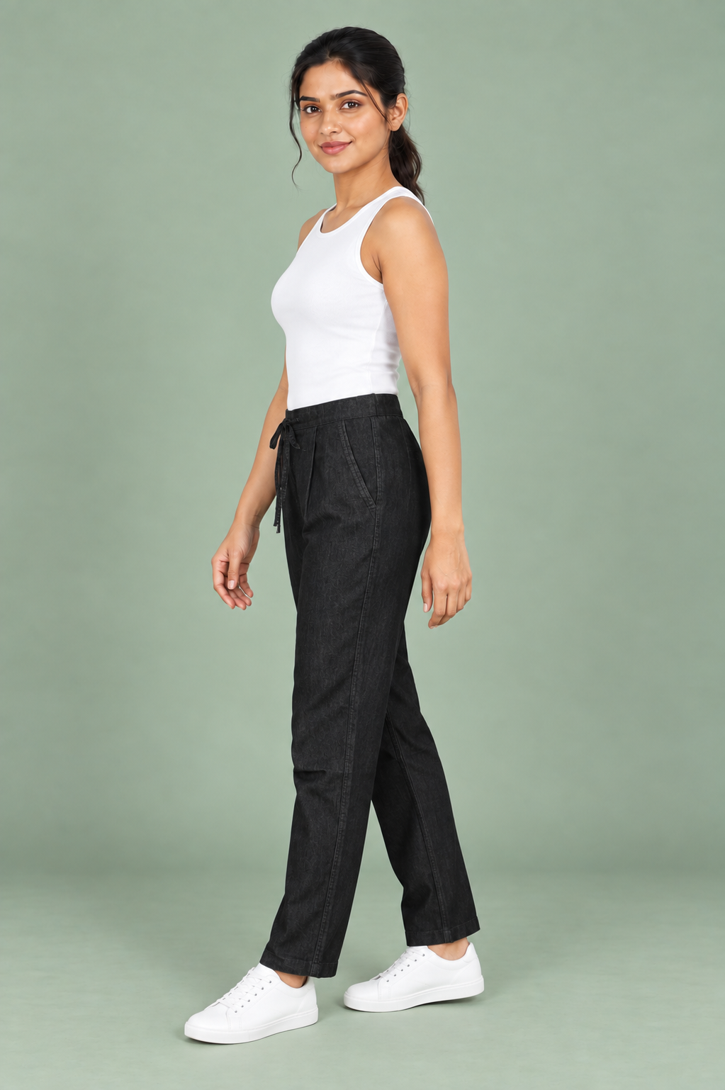 Black Denim Solid Drawstring Pant - Havva Fashion - Image 4