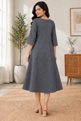 Grey Denim Pintuck Tabla Solid A Line Dress - Havva Fashion - Image 2