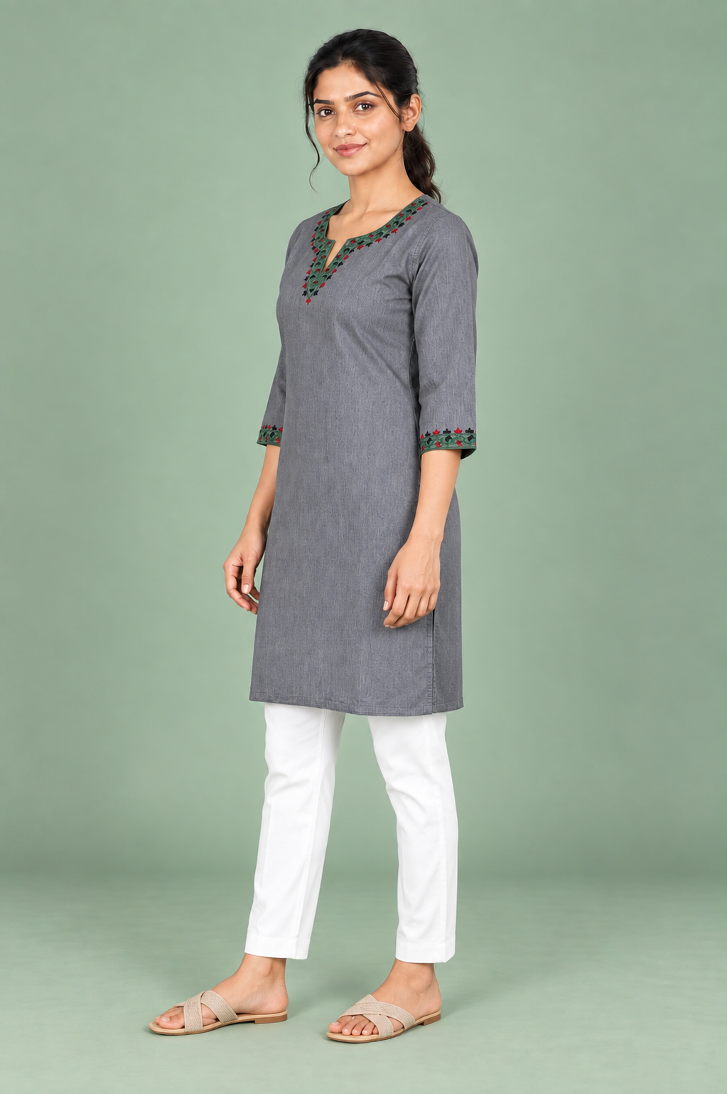 Grey Denim Multi Green Embroidered Split Round Neck Knee Length Kurti - Havva Fashion - Image 5