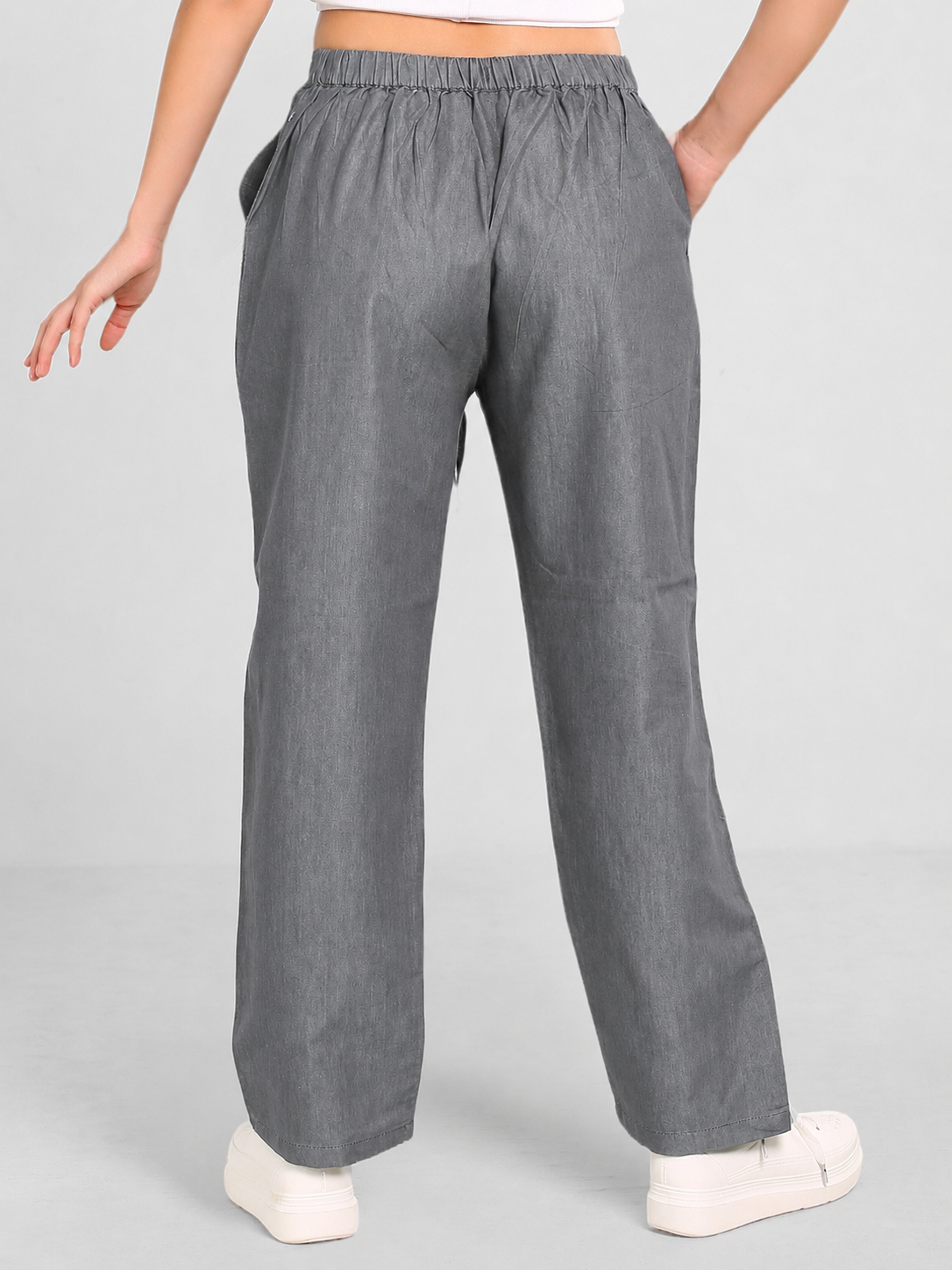 Grey Denim Solid Drawstring Pant - Havva Fashion - Image 2