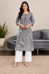Grey Denim Ball Blast Wash Floral Printed Kurta - Havva Fashion - Image 1