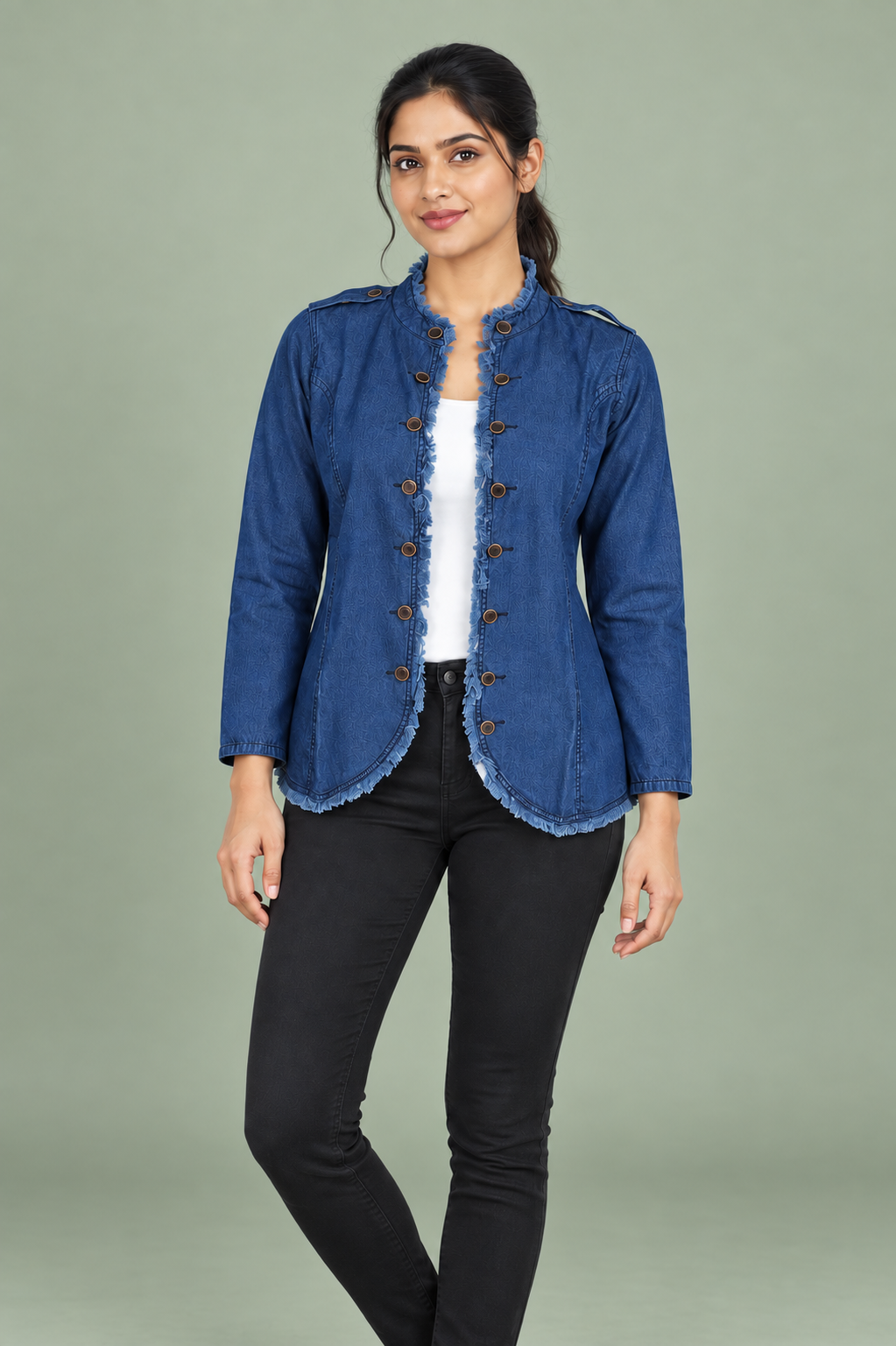 Denim Soft Cotton Frayed Edge Shrug Jacket - Havva Fashion - Image 1