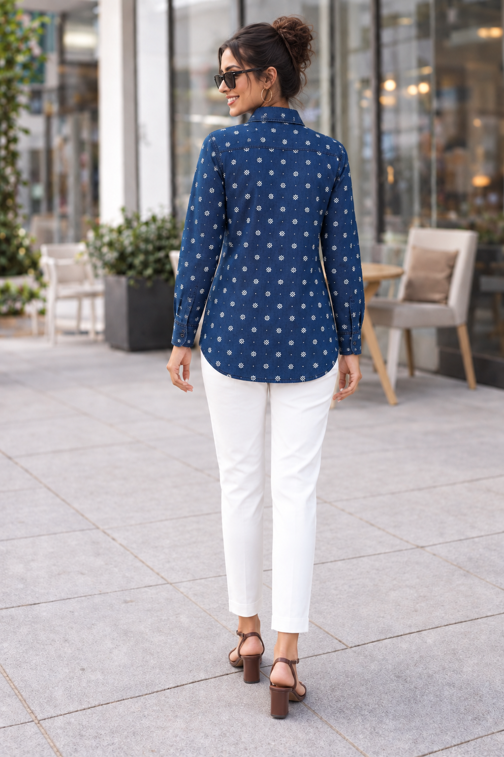 Denim Shirt Collar All Over Star Printed Tunic Top - Havva Fashion - Image 2