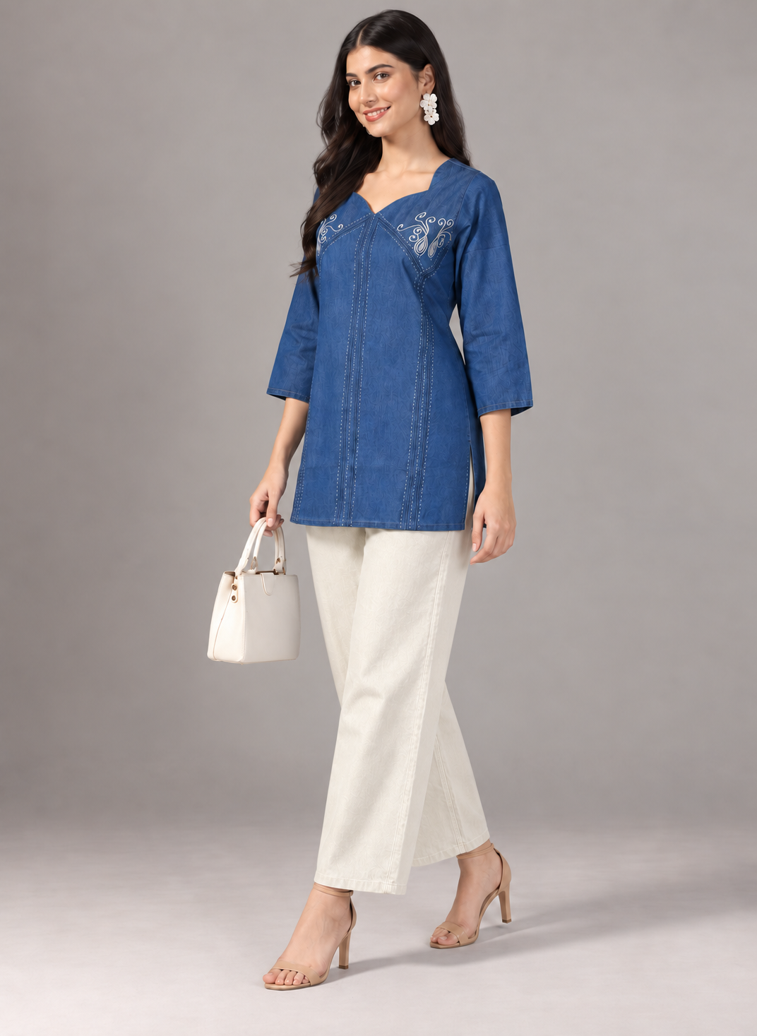 Denim Butta Embroidered Square V Neck Short Kurti - Havva Fashion - Image 2