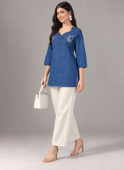 Denim Butta Embroidered Square V Neck Short Kurti - Havva Fashion - Image 2