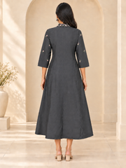 Black Denim Hi Neck Embroidered Pintuck All Over Butta Kali A Line Flare Dress - Havva Fashion - Image 2