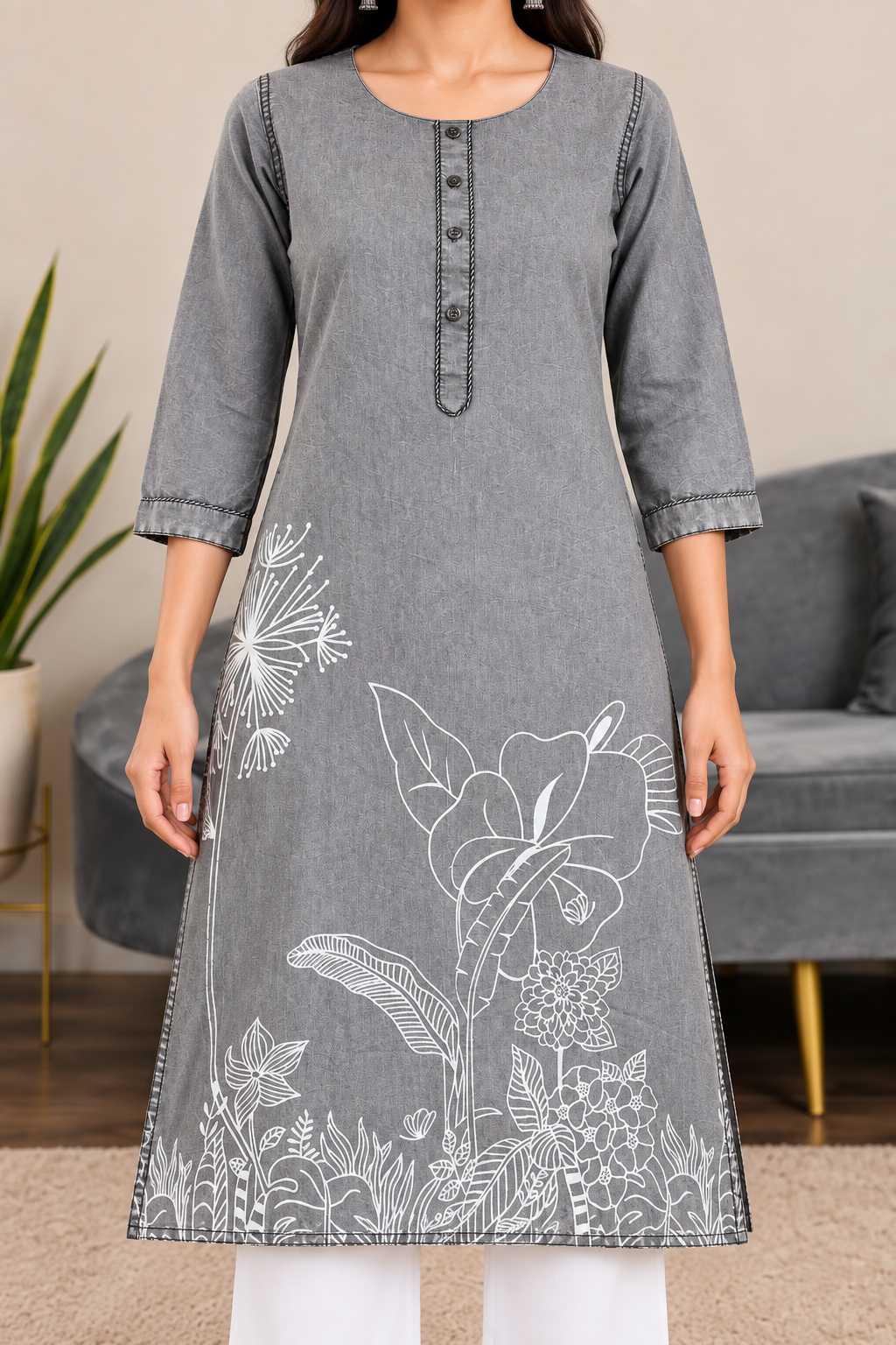 Grey Denim Ball Blast Wash Floral Printed Kurta - Havva Fashion - Image 5